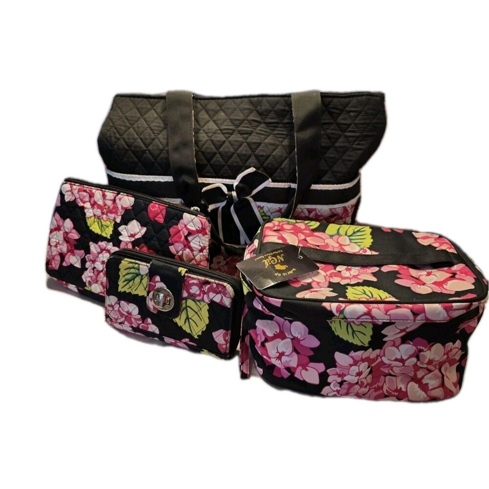 N. Gil Travel Bundle Quilted Bags Floral Print 4 Pcs. Pink Multi
